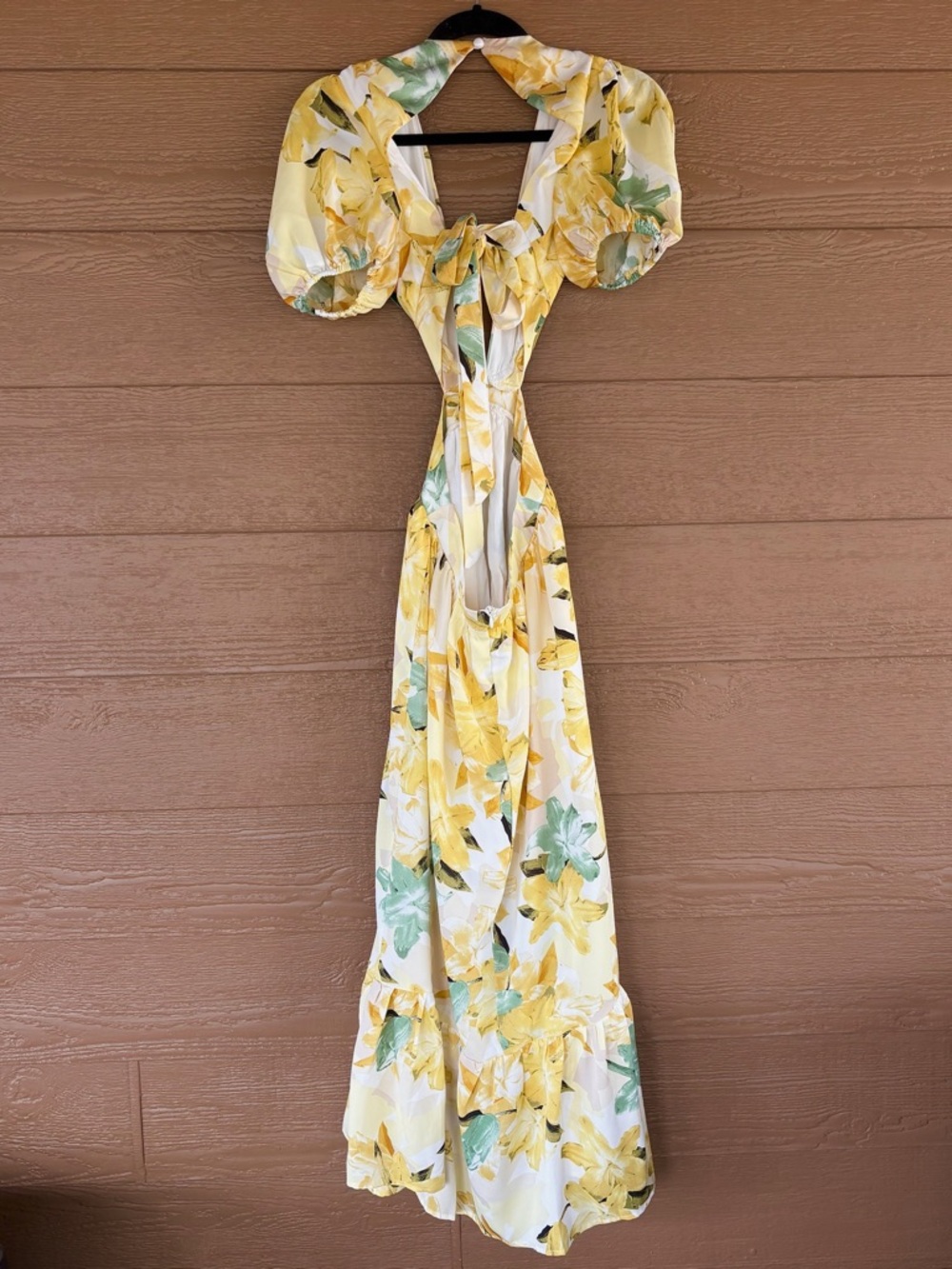 Hello Molly Yellow Floral Cutout Midi Dress with Puff Sleeves -Sz S - Picture 5 of 9